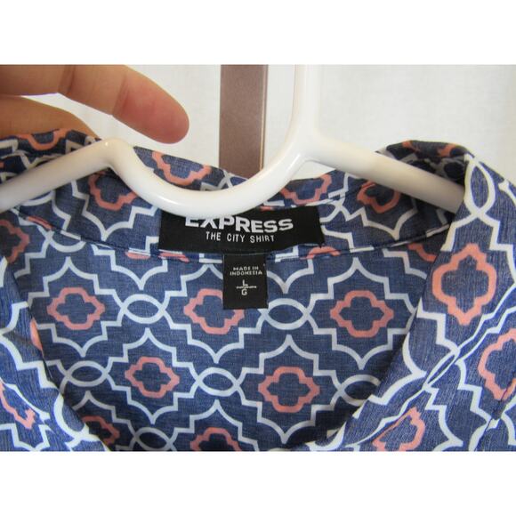 Express The City Shirt Large Blue Printed Retro Button Up Shirt Collared - Picture 2 of 4